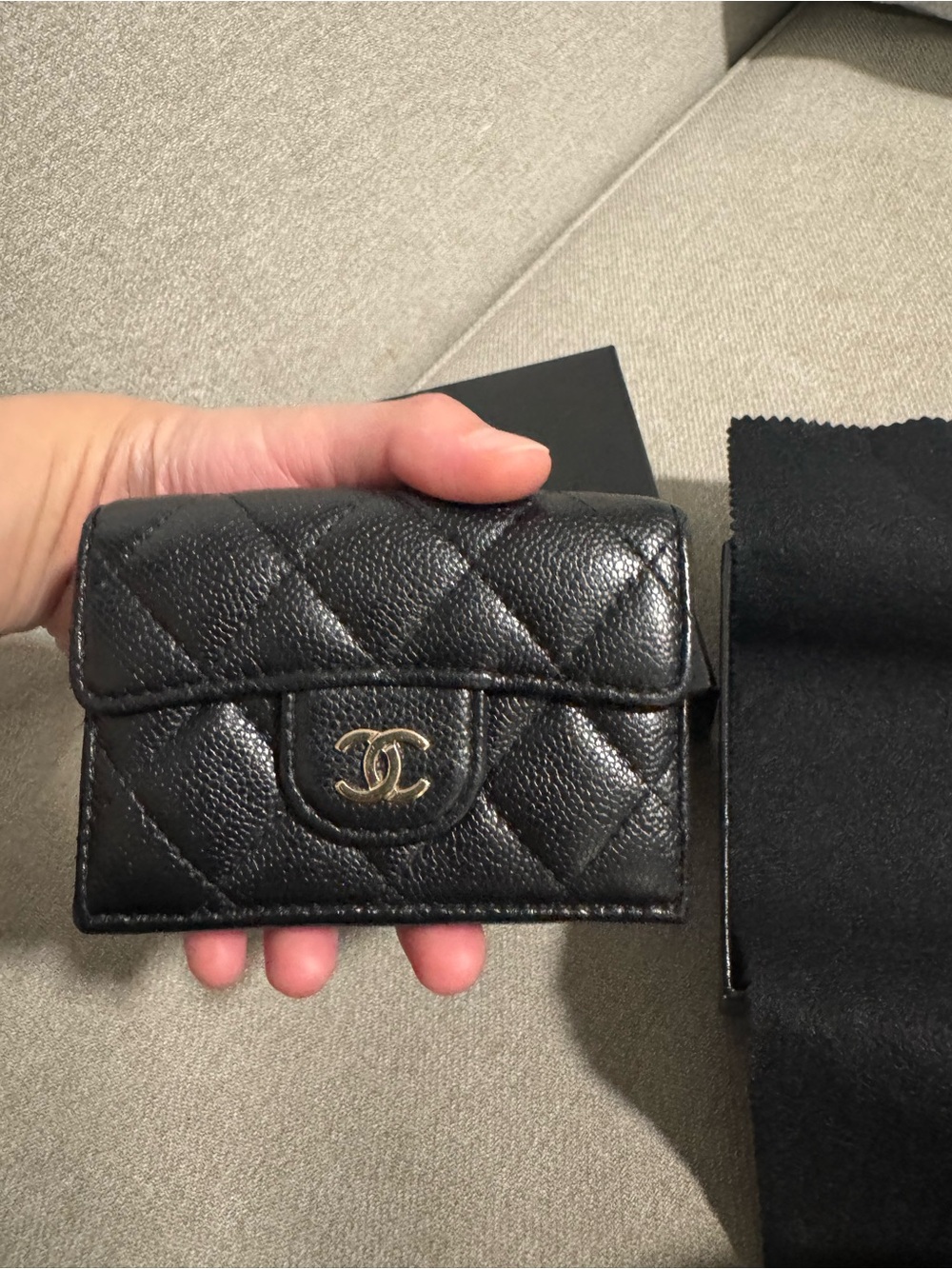 CHANEL Black Quilted Caviar Leather Compact Wallet with Gold CC